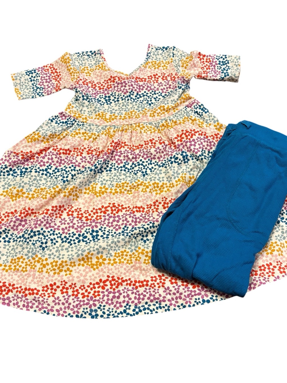 Hanna Andersson, size 8 Girls' Multicolor Floral Stripe Dress with Blue Leggings